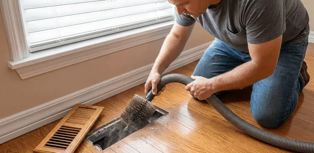 Air duct cleaning technician vacuuming a floor vent and duct opening in Columbus, OH