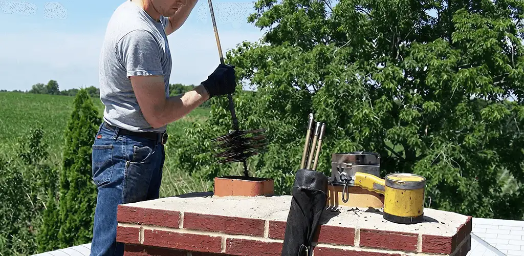 Chimney cleaning technician working on a rooftop chimney with professional tools in Columbus, OH