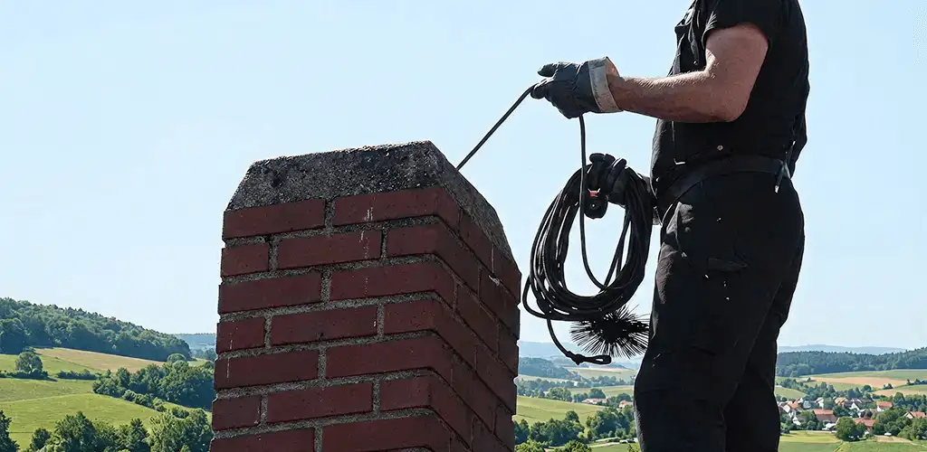 Chimney sweep inspecting and cleaning a rooftop chimney in Columbus, OH
