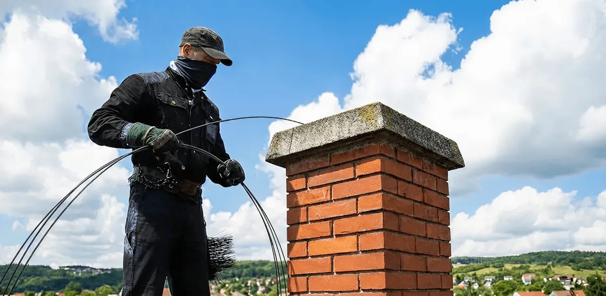 Chimney sweep cleaning a brick chimney with professional tools in Columbus, OH