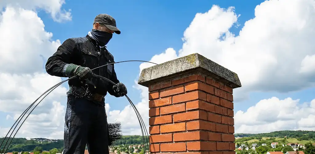 Chimney sweep cleaning a brick chimney with professional tools in Columbus, OH