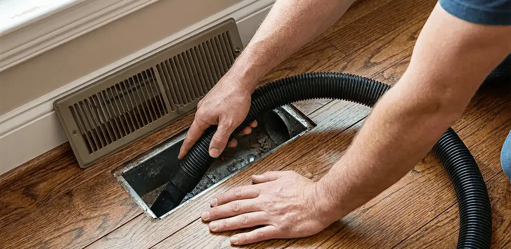 Air duct cleaning technician vacuuming a floor register and duct opening in Columbus, OH