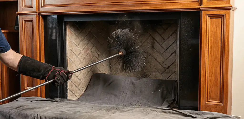 Chimney cleaning service brushing soot from a fireplace and flue in Columbus, OH