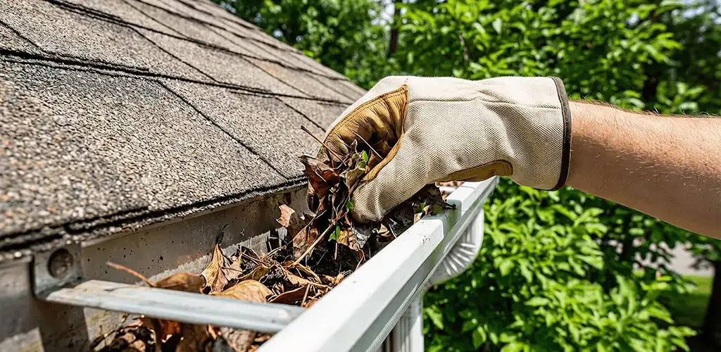 Gutter cleaning removing leaves and debris from roof gutters in Columbus, OH