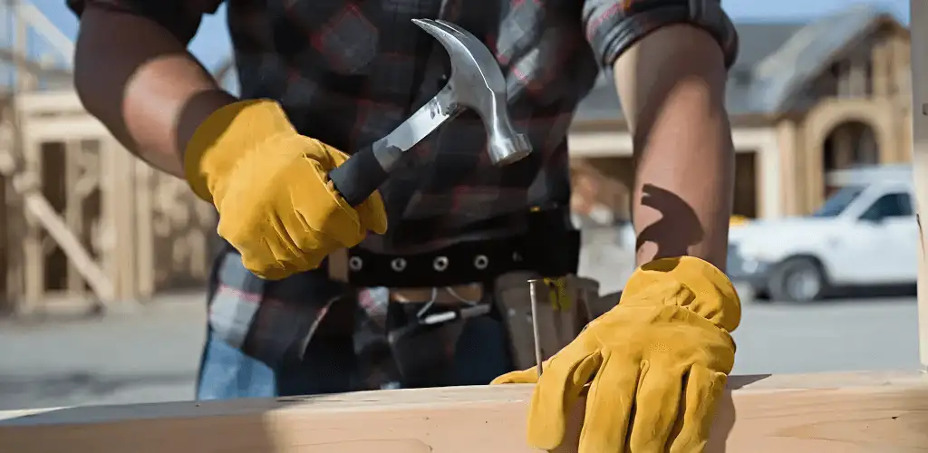 Handyman fixing wood trim with a hammer for home repairs in Columbus, OH