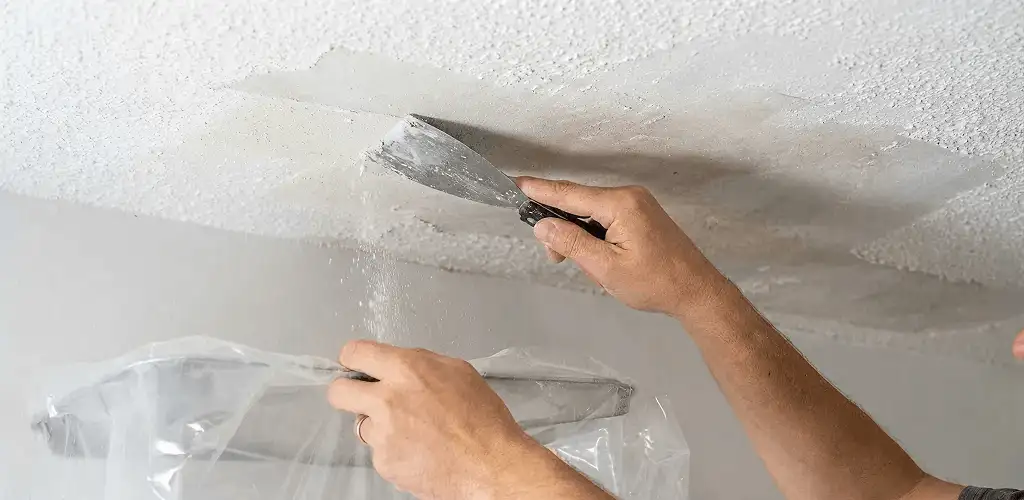 Popcorn ceiling removal technician scraping texture from a ceiling in Columbus, OH