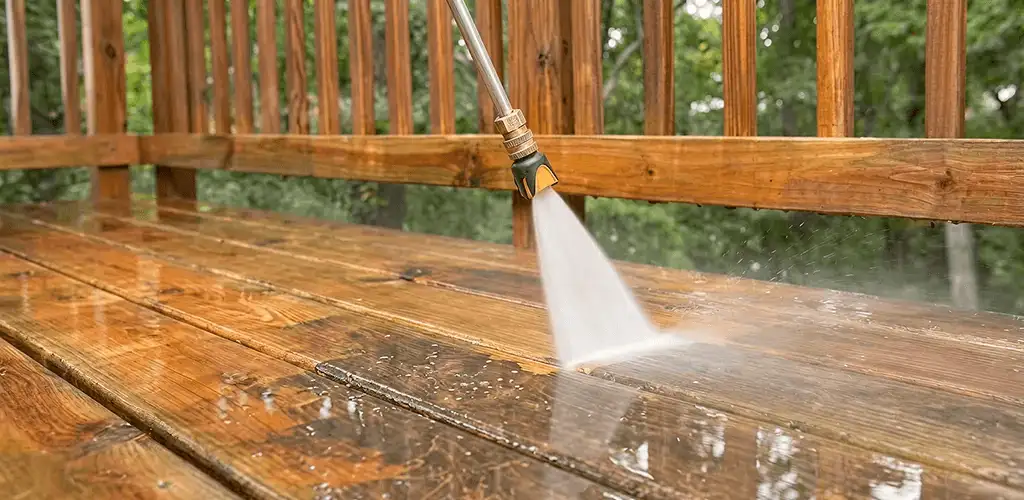 Pressure washing a wood deck to remove dirt and buildup in Columbus, OH