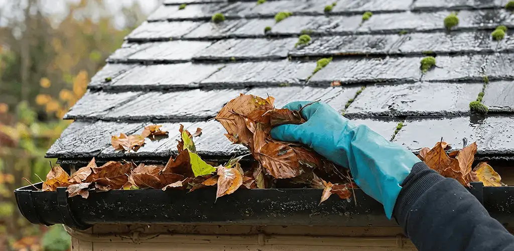 Gutter cleaning technician clearing wet leaves from roof gutters in Columbus, OH