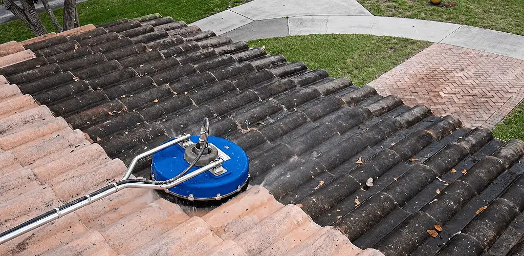 Roof pressure cleaning removing debris and buildup from roof tiles in Columbus, OH