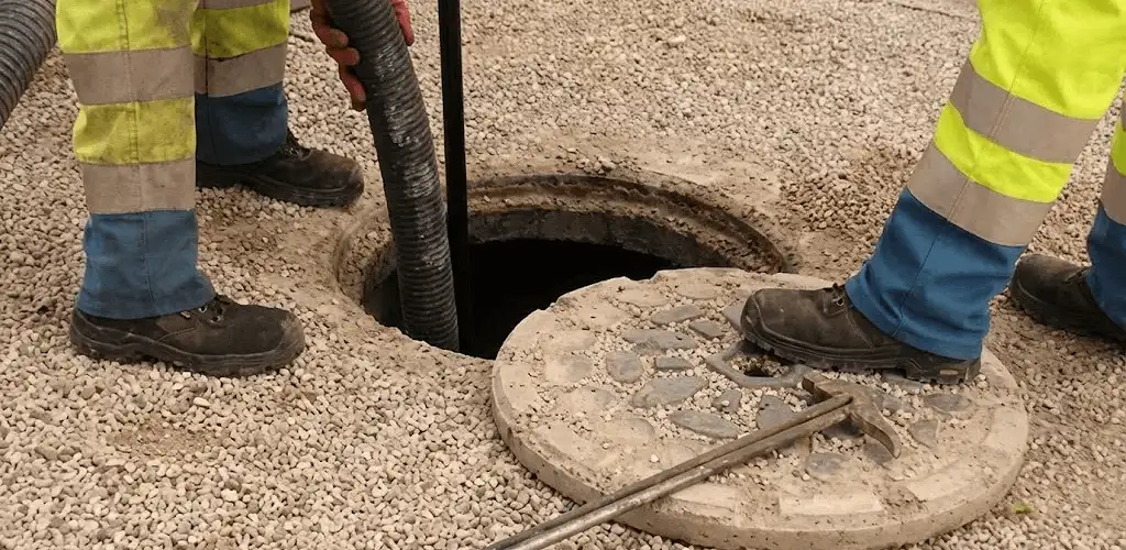 Drain cleaning crew clearing a sewer access point with professional equipment in Columbus, OH