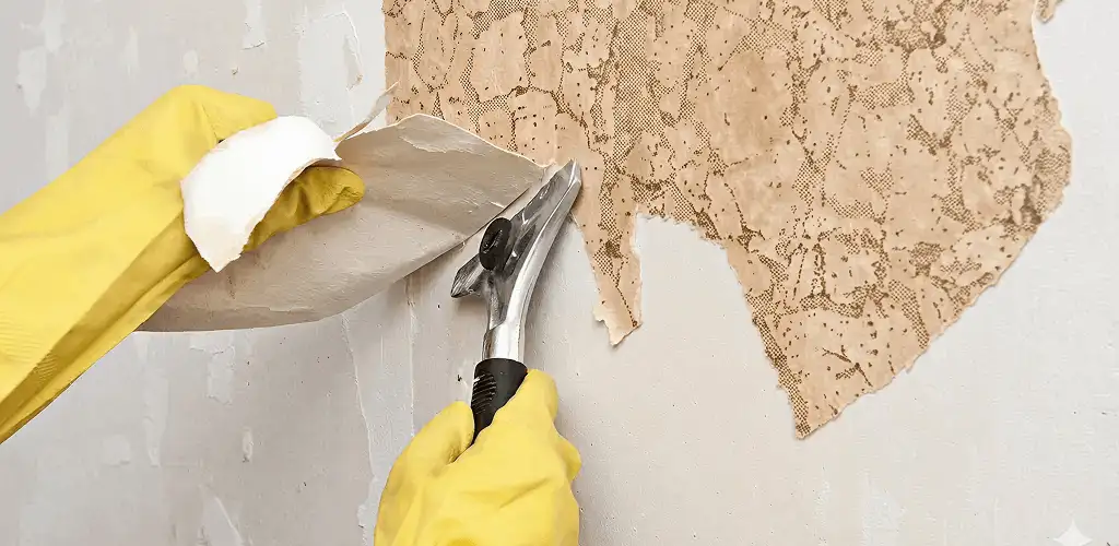 Wallpaper removal service stripping old wallpaper from a wall in Columbus, OH