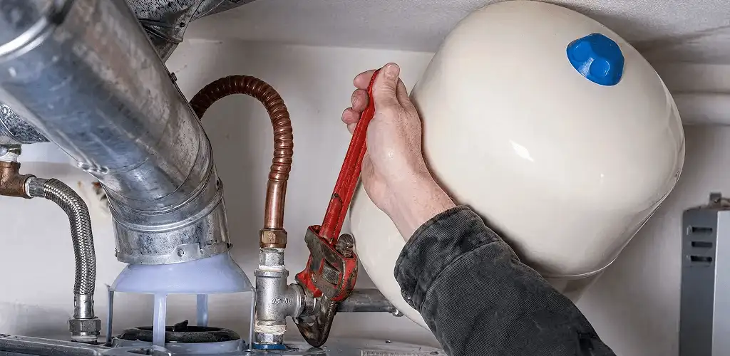 Water heater repair technician tightening plumbing connections near a tank unit in Columbus, OH
